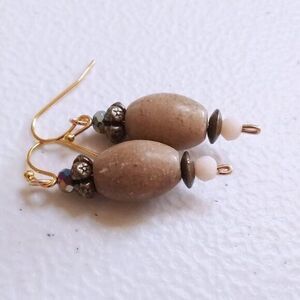 Neutral Short & Sweet ~ Tan and Cream Stone Dangle Earrings - Business Casual
